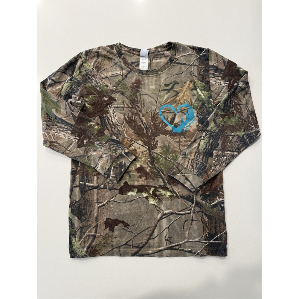 Realtree Hook n Antler Long Sleeve T-Shirt S Camouflage Teal Heart Graphic 100%